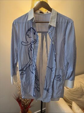 Blue & White Striped Button-Down Tunic with Navy Graphic